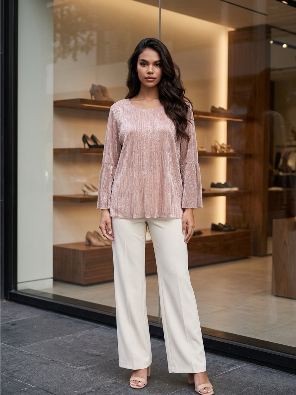 CJ Banks Blush Pleated Bell Long-Sleeve Top